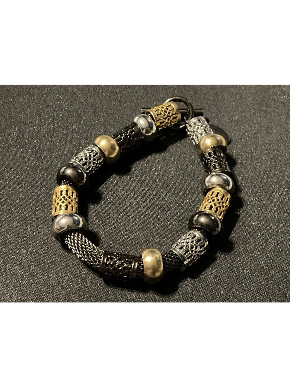 Erica Zap 6.5in Toggle Clasp Bracelet Gold, Silver, Black W/ Filigree Tubes